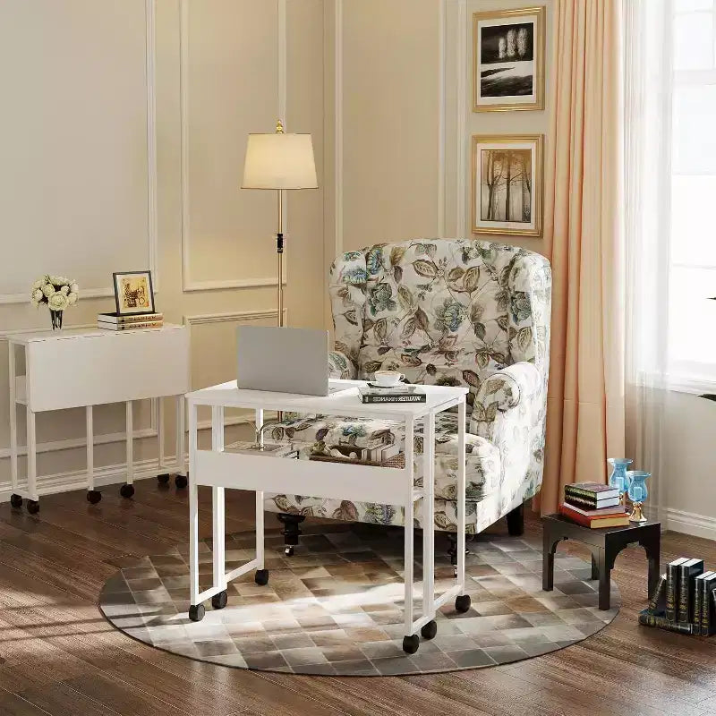 Scrivania Pieghevole con Scaffale Contenitore e Ruote Bloccabili
