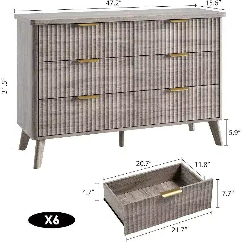 Cassettiera a 6 cassetti con frontale in legno scanalato, larghezza 120 cm