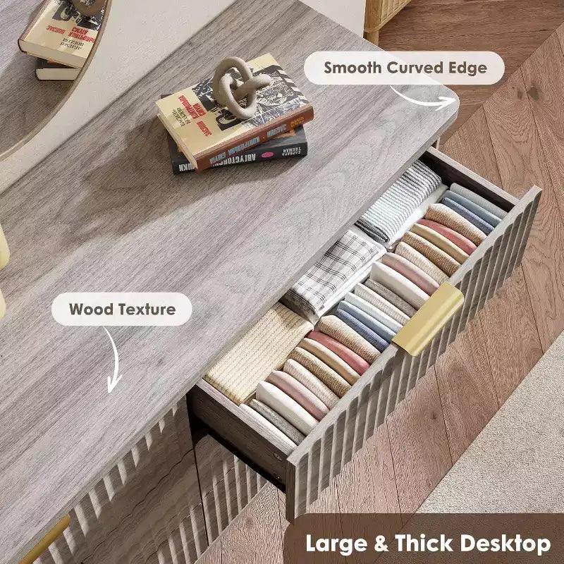 Cassettiera a 6 cassetti con frontale in legno scanalato, larghezza 120 cm