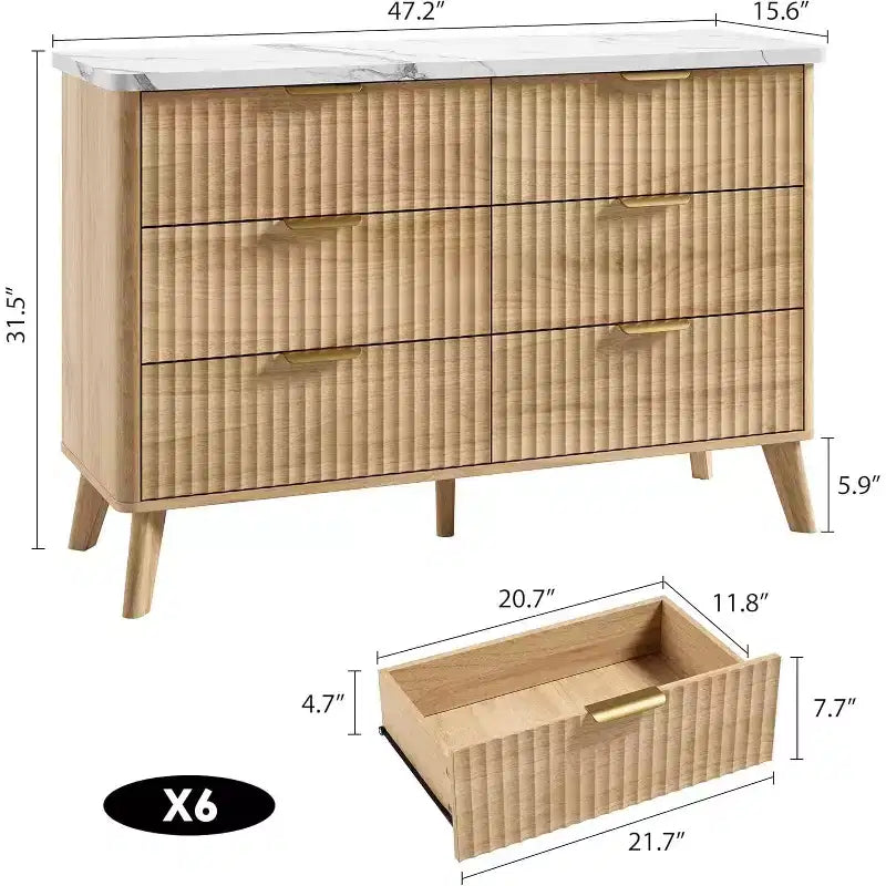 Cassettiera a 6 cassetti con frontale in legno scanalato, larghezza 120 cm