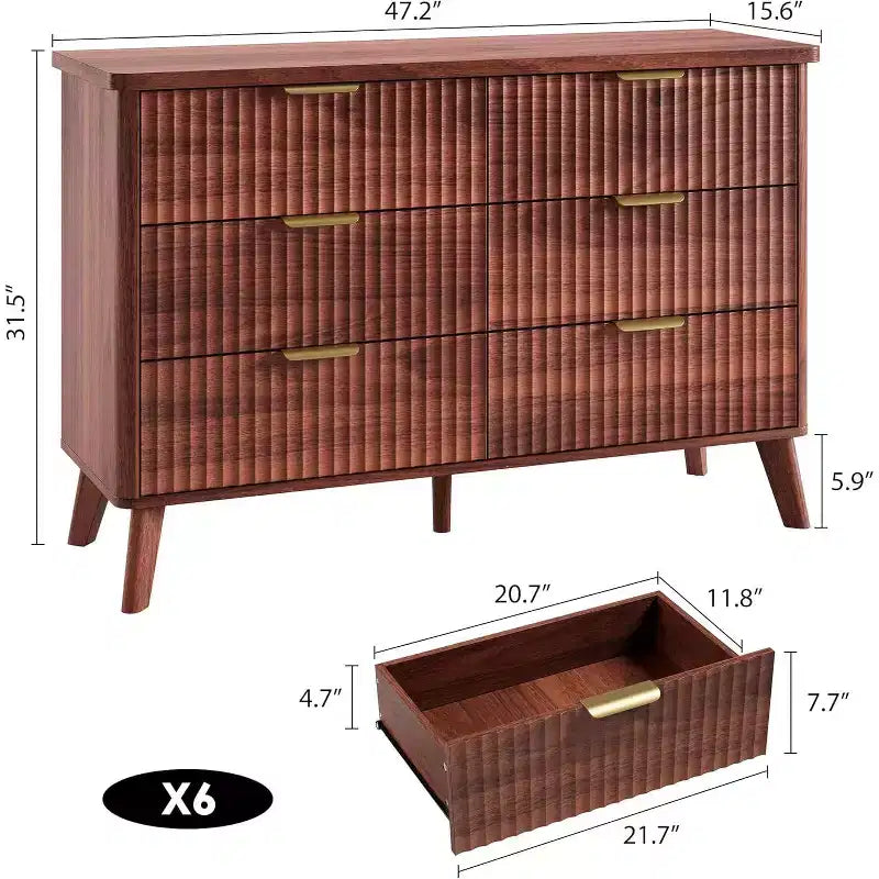 Cassettiera a 6 cassetti con frontale in legno scanalato, larghezza 120 cm
