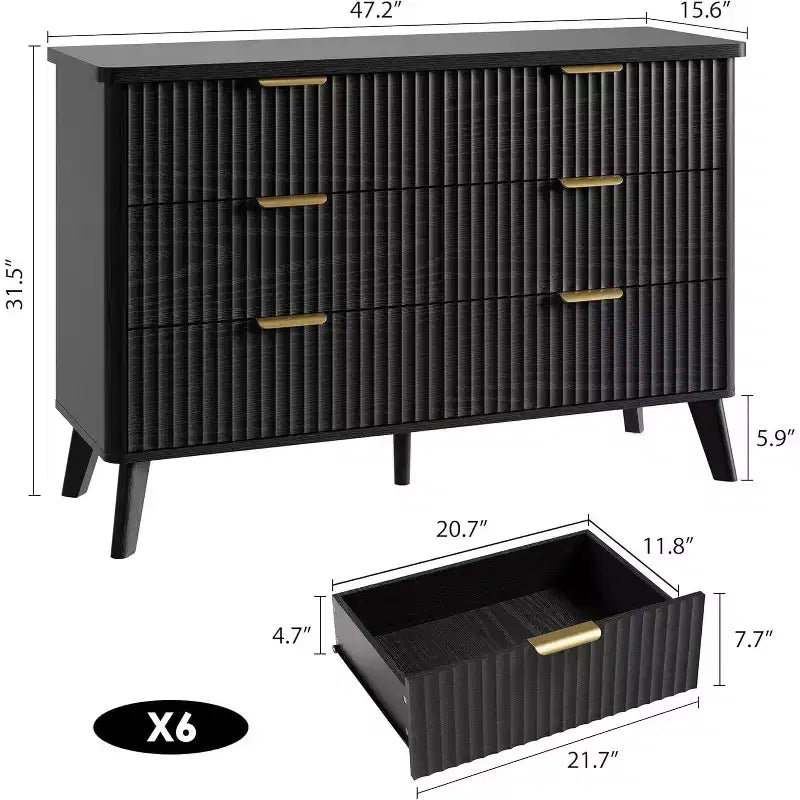 Cassettiera a 6 cassetti con frontale in legno scanalato, larghezza 120 cm
