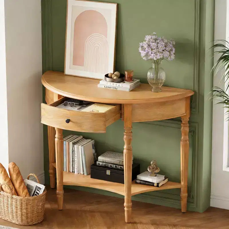 Console semicircolare con cassetto e ripiano per ingresso e soggiorno