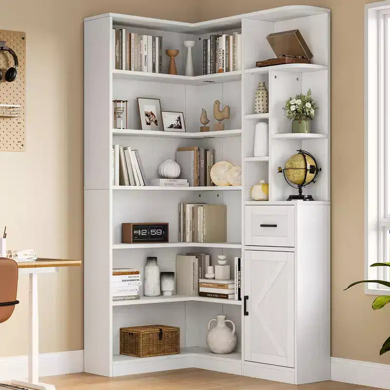 Libreria angolare a 6 ripiani a L con cassetti contenitori
