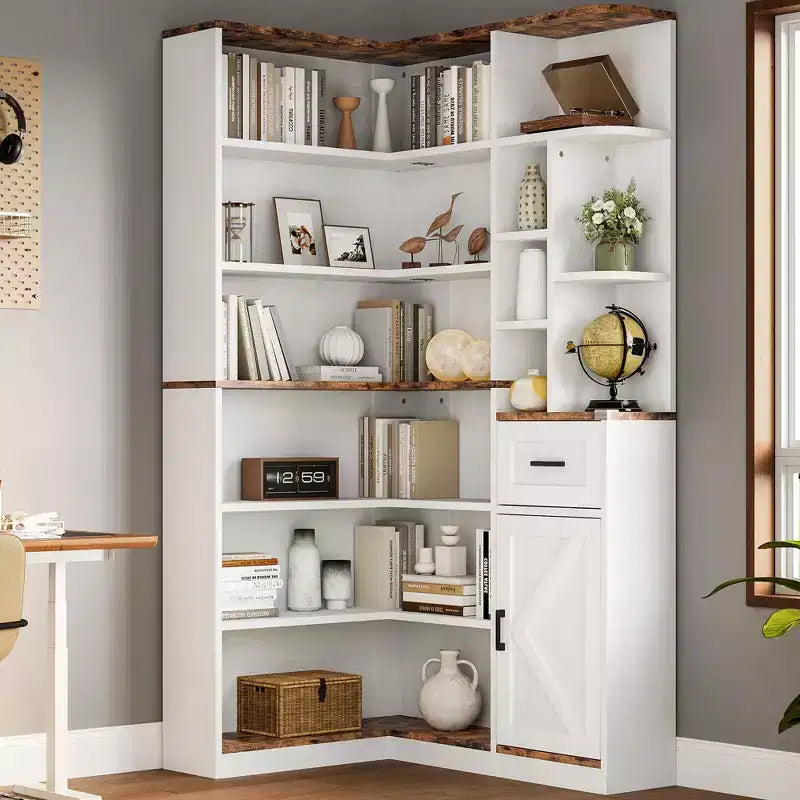 Libreria angolare a 6 ripiani a L con cassetti contenitori