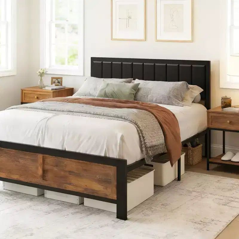 Struttura letto in metallo con testiera imbottita e pediera in legno