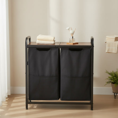 VEVOR 2 Section Laundry Sorter, Large Laundry Hamper with Metal Frame and Wooden Tabletop, Freestanding Storage Organizer Baskets, Black