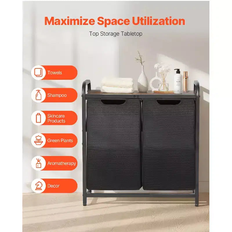 Organizzatore per lavanderia a 2 scomparti con telaio in metallo e piano in legno, Nero