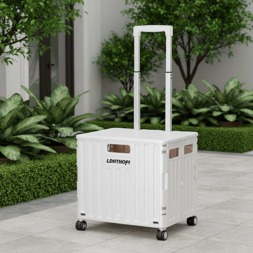 65 L White Foldable Utility Shopping Cart with Adjustable Handle and Swivel Wheels Portable Rolling Cart for Groceries Laundry and Travel