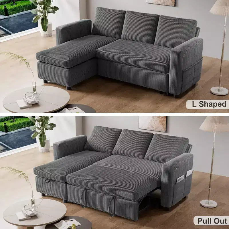 Divano letto componibile a L con penisola contenitore, porte USB e schienale regolabile