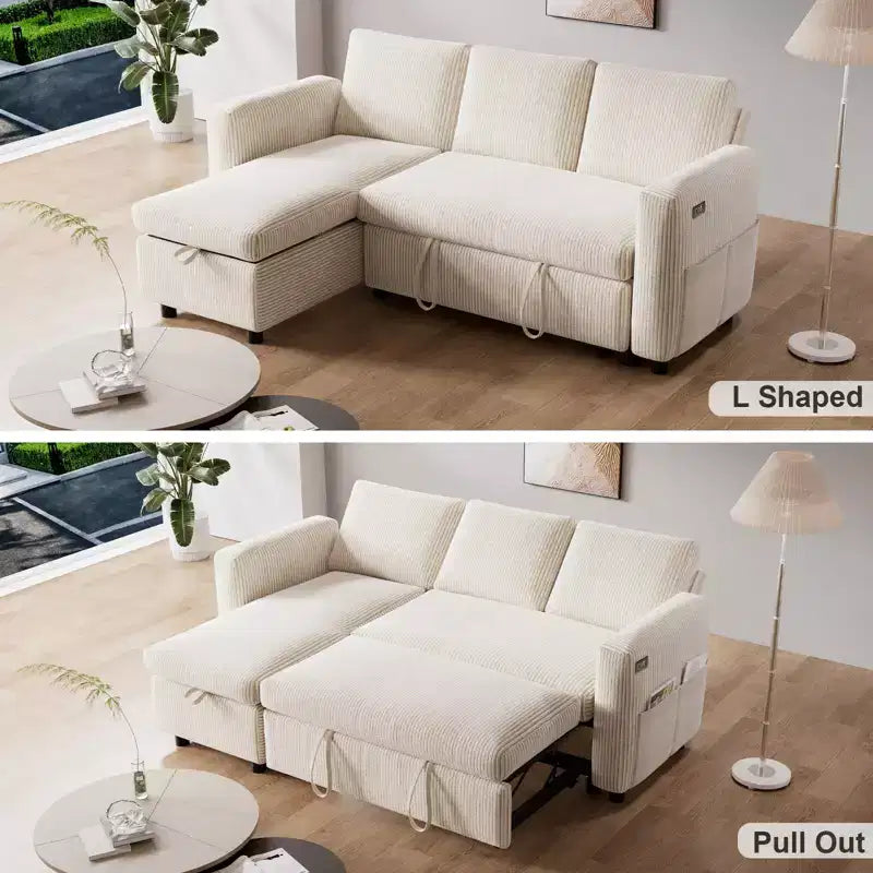 Divano letto componibile a L con penisola contenitore, porte USB e schienale regolabile