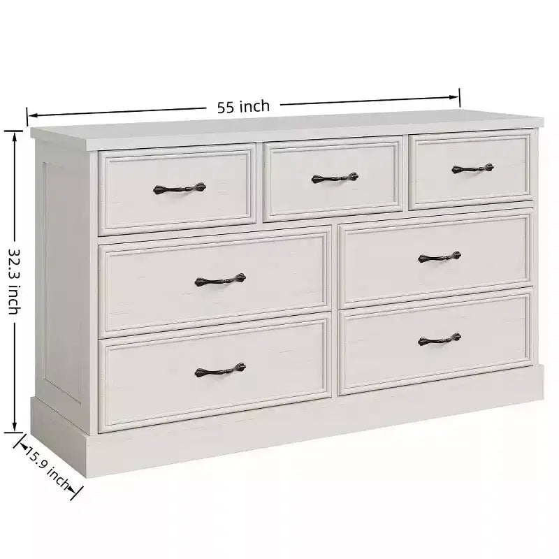 Comò a 7 cassetti con piano ampio, cassettiera contenitore larga 140 cm per camera da letto, soggiorno o cameretta