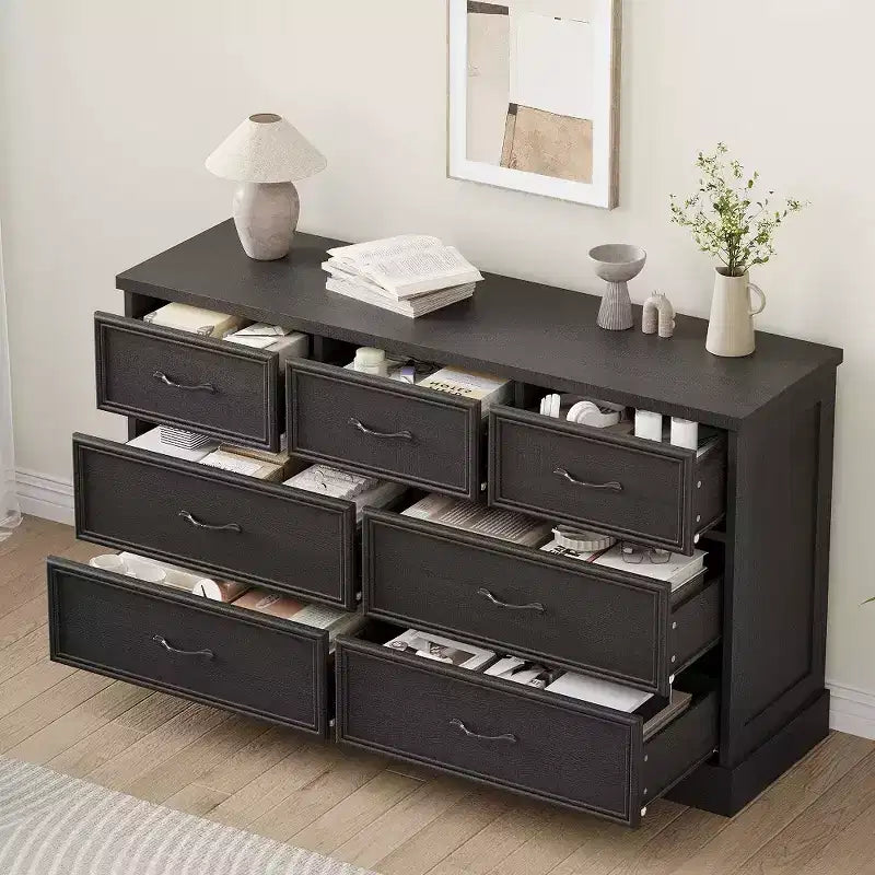 Comò a 7 cassetti con piano ampio, cassettiera contenitore larga 140 cm per camera da letto, soggiorno o cameretta