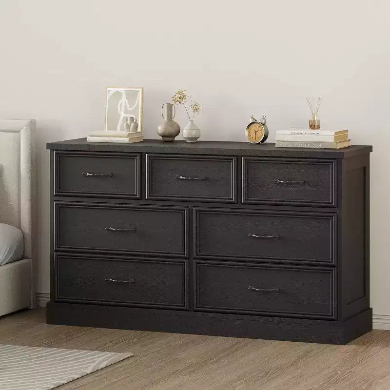 Comò a 7 cassetti con piano ampio, cassettiera contenitore larga 140 cm per camera da letto, soggiorno o cameretta