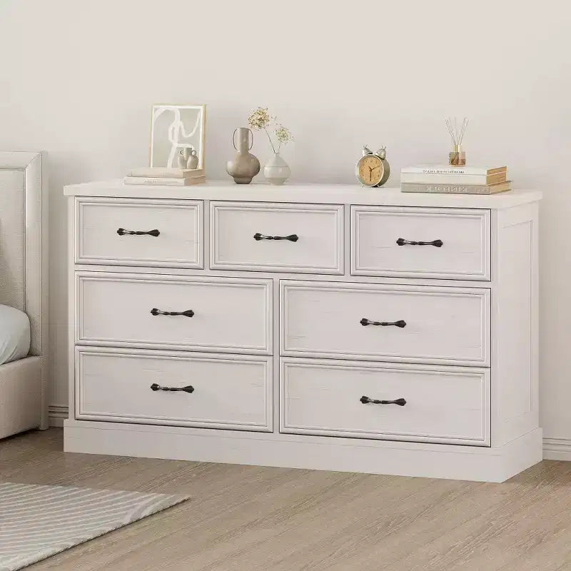 Comò a 7 cassetti con piano ampio, cassettiera contenitore larga 140 cm per camera da letto, soggiorno o cameretta