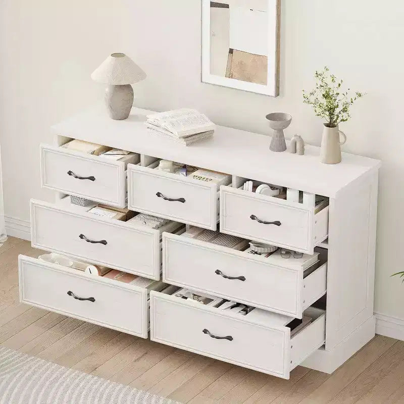 Comò a 7 cassetti con piano ampio, cassettiera contenitore larga 140 cm per camera da letto, soggiorno o cameretta