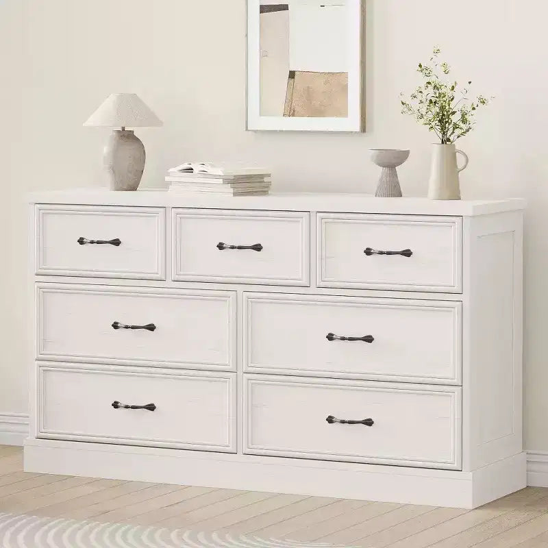 Comò a 7 cassetti con piano ampio, cassettiera contenitore larga 140 cm per camera da letto, soggiorno o cameretta