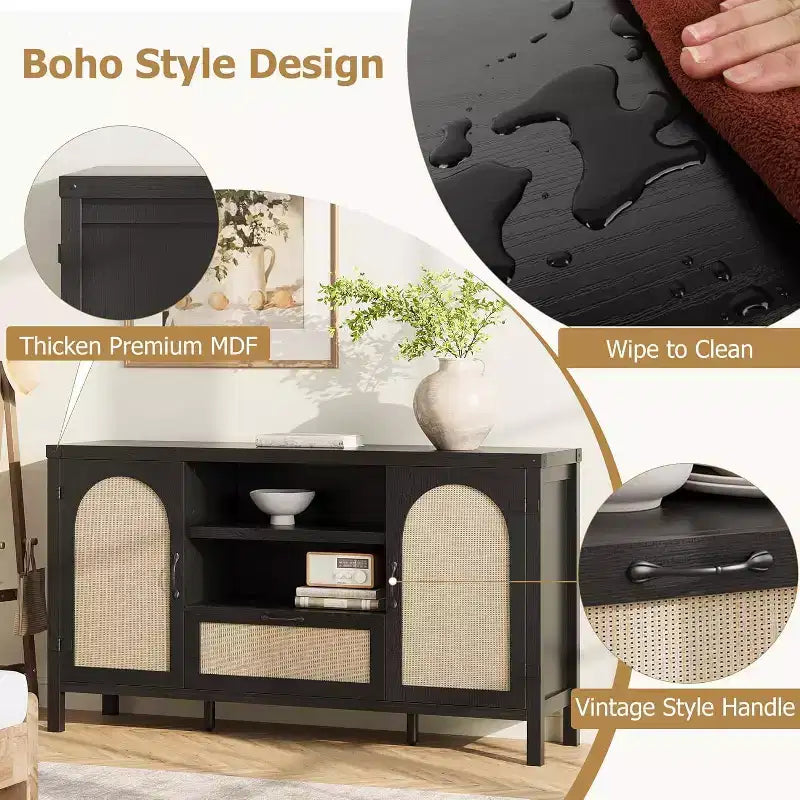 Credenza a buffet da 47 pollici con ante in rattan, ripiani regolabili e cassetto