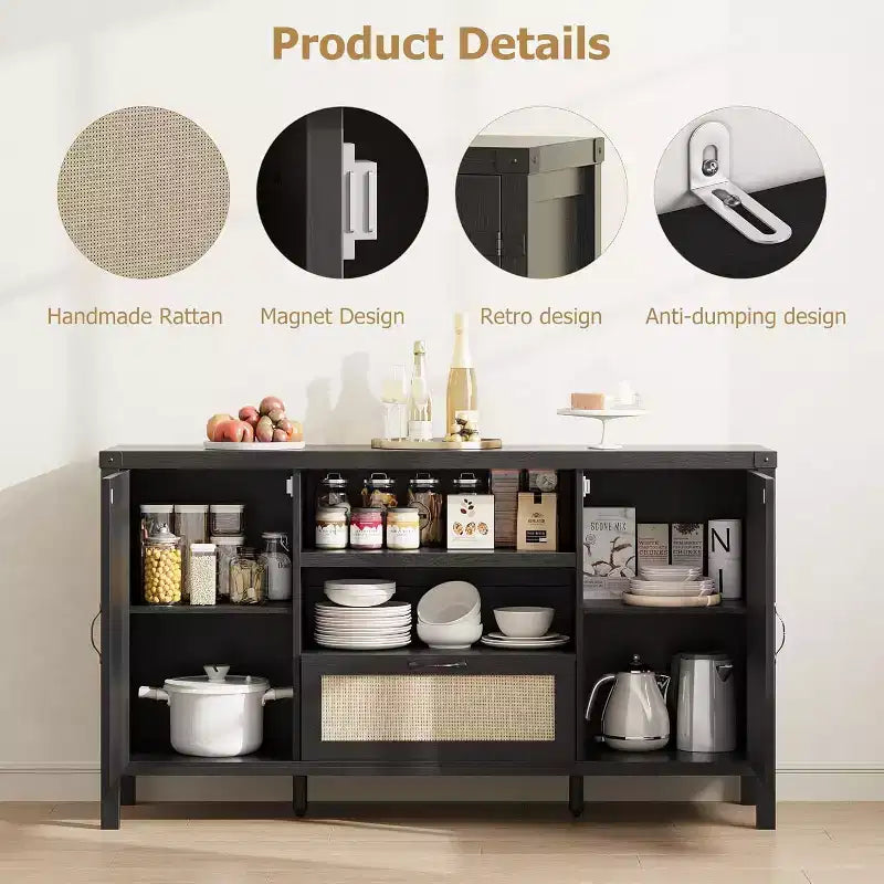 Credenza a buffet da 47 pollici con ante in rattan, ripiani regolabili e cassetto
