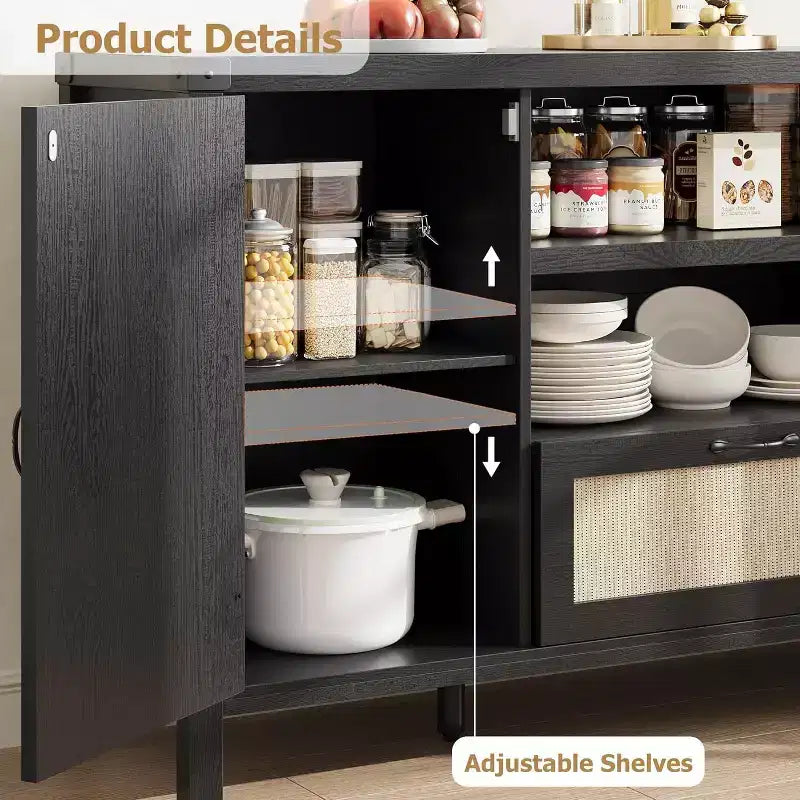 Credenza a buffet da 47 pollici con ante in rattan, ripiani regolabili e cassetto