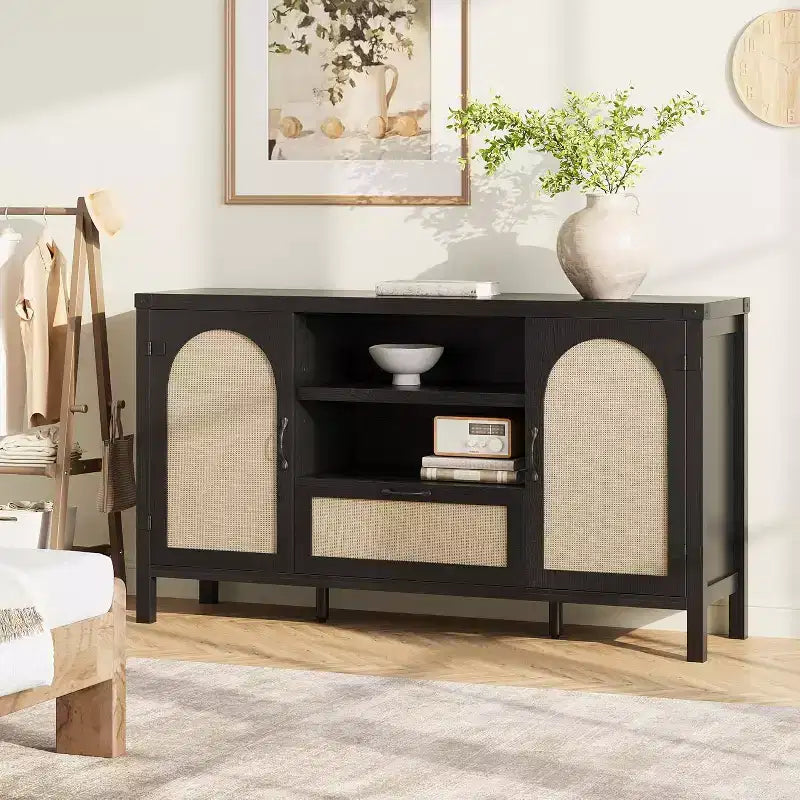 Credenza a buffet da 47 pollici con ante in rattan, ripiani regolabili e cassetto