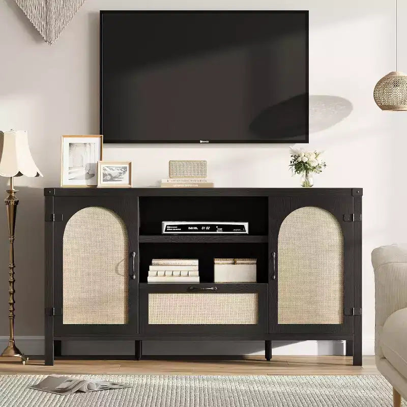 Credenza a buffet da 47 pollici con ante in rattan, ripiani regolabili e cassetto