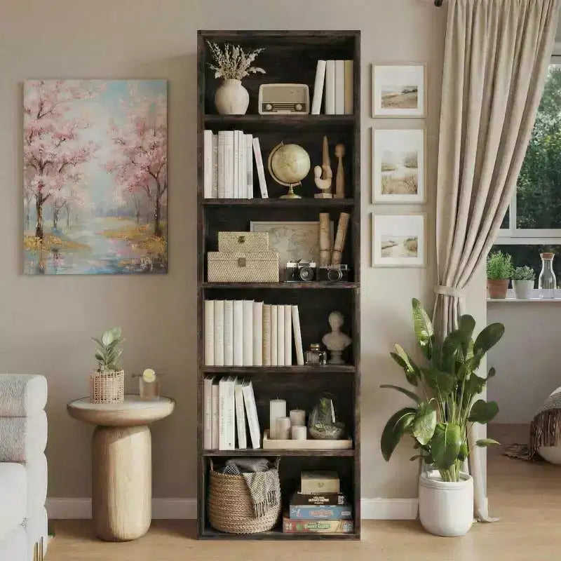 Libreria alta a 6 ripiani con design antiribaltamento, ripiani in legno rustico, stile industriale