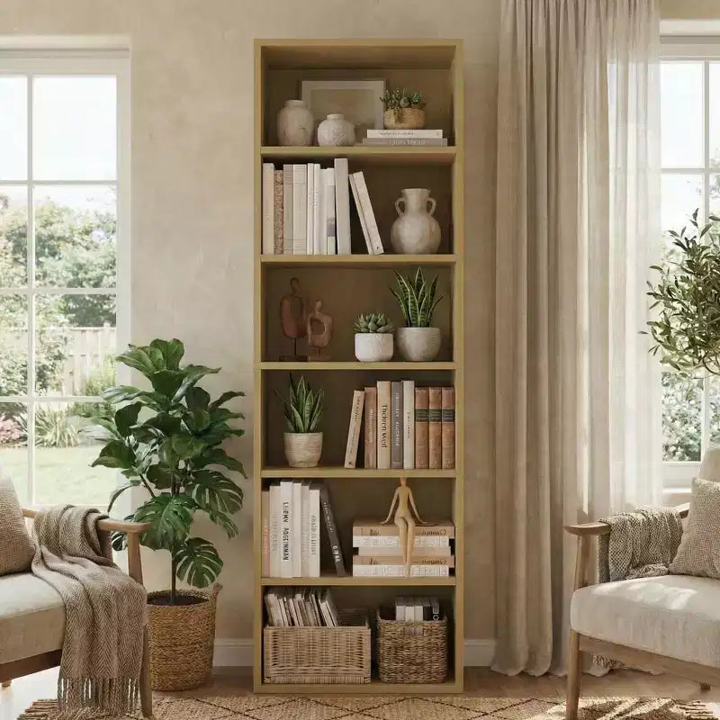 Libreria alta a 6 ripiani con design antiribaltamento, ripiani in legno rustico, stile industriale