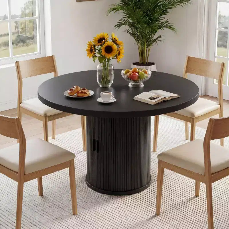 Dyonery 35.43-inch Round Wood Dining Table, Grooved Kitchen Dining Table, Round Dining Table with Storage Base, Round