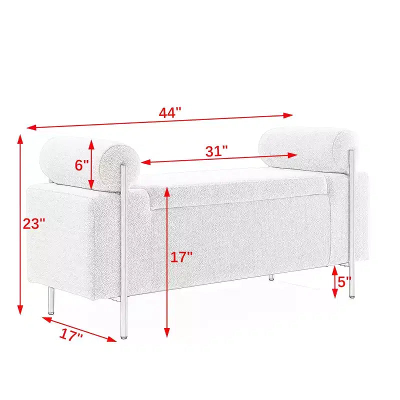 Panca contenitore rivestita da 44" con braccioli cilindrici e gambe in metallo