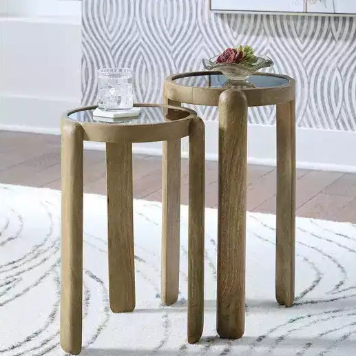 Signature Design by Ashley Jossor Accent Table Set, Mango Wood with Glass Tops, Light Brown
