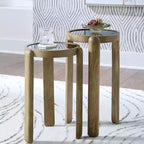 Signature Design by Ashley Jossor Accent Table Set, Mango Wood with Glass Tops, Light Brown