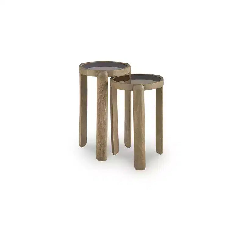 Set di 2 tavolini rotondi con piano in vetro e base in legno di mango, Marrone chiaro