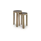 Set di 2 tavolini rotondi con piano in vetro e base in legno di mango, Marrone chiaro