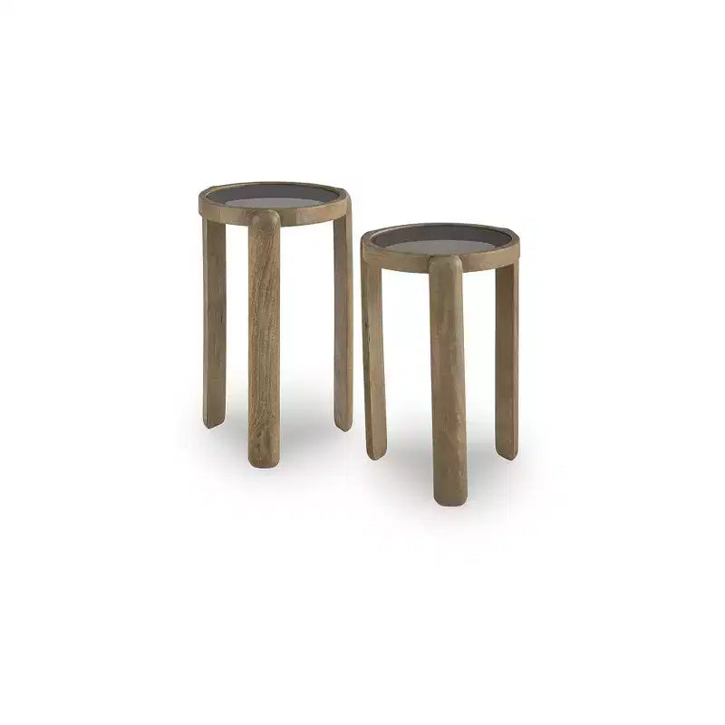Set di 2 tavolini rotondi con piano in vetro e base in legno di mango, Marrone chiaro