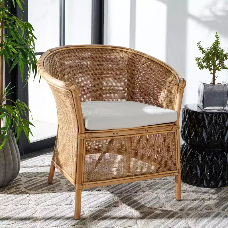 Sedia in Rattan con Cuscino - Bianco / Marrone Miele Lavato