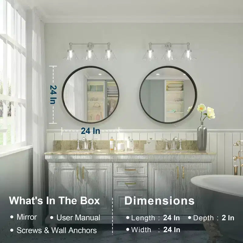 Specchio da Parete Rotondo con Cornice Metallica e Illuminazione a LED, Dimmerabile, Anti-Appannamento